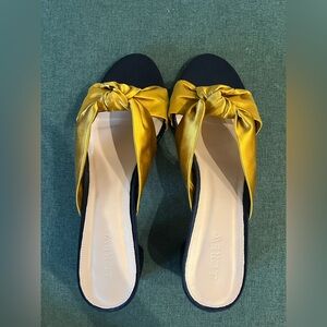 J. Crew Women's Navy and Gold Satin Block Heeled Sandals, Size 9.5, EUC
